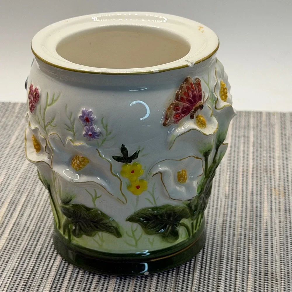 Ks Collection Ceramic Calla Lily Butterfly Canister Jar 3D Floral Vintage Decor